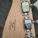 Záběr na zadní stranu světlého dřevěného hředu kytary s chromovanými ladičkami. Na dřevě je černý nápis: „Designed and Backed by Fender s/n ICSD21017…