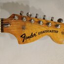Fotografie zachycuje hlavu elektrické kytary z dřeva s viditnou masivním kresbou. Na povrchu je černý nápis Fender a STRATOCASTER, pod logem výrobce…