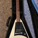 Bílá elektrická kytara s trojúhelníkovým tělem v černém kufru. Nástroj má hnědý hmatník, tři snímače a černý pickguard. Na hlavě kytary není žádný vi…