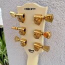 Zadní strana hlavy kytary v krémové barvě. V horní části je černý nápis C 881277 a v dolní části logo Gibson. Na hlavě jsou instalovány šest zlatých…