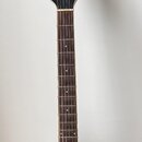 Černá elektrická kytara s tmavým hmatníkem a bílým lemováním kolem korpusu. Na hlavě je bílé logo Ibanez. Nástroj je vybaven dvěma humbuckery a stříb…