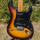 Elektrická kytara s tělem v provedení sunburst a černým pickguardem. Na hrazence jsou viditelné nápisy "Dimarzio" u obou krajních snímačů. Kytara má…
