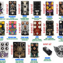 Kolaž fotografií efektových pedálů značky EHX Pedals. Každý pedal má vlastní název, popis funkce a cenu v Kč. Mezi zobrazenými modely jsou Clean BOOS…