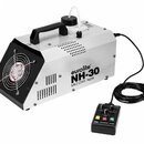 Stříbrný mlhometr s černými plasty, rukojetí a ventilátorem v přední části. Na boku je uveden nápis eurolite NH-30 MK2 DMX Hazer. K přístroji je přip…