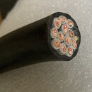 Detailní pohled na řez černého kabelu. Uvnitř jsou vidět deset žil s měděnými vodiči, z nichž každá je obalena šedou izolací. Jedna z žil má v části…