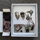Bílá krabička s vložkou obsahuje sadu elektronických komponentů pro hudební nástroj. V sadě jsou čtyři potenciometry, jeden přepínač a zapojený obvod…
