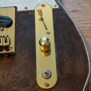 Detail elektrické kytary s tmavým dřevěným povrchem a bílo-perleťovým pickguardem. Na zlatém kovovém panelu se nachází bílý přepínač, zlatý knofík a…