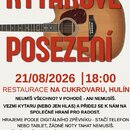 Grafický plakát s nápisem KYTAROVÉ POSEZENÍ v červeném písmu. V horní části je ilustrace akustické kytary s hnědým trupem a tmavým hmatníkem. Text uv…