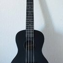 Černý ukulele s matným povrchem. Na hlavě je bílý nápis „The WATERMAN“. Nástroj vykazuje minimální známky opotřebení.