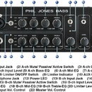 Černý přístroj s nápisem PHIL JONES BASS. Přední panel obsahuje řadu ovládacích prvků, včetně otočných potenciometrů pro INPUT LEVEL, BASS, MID a TRE…