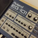Detailní záběr na ovládací panel klaviatury Roland EG-101 groovekeyboard. Jsou vidět sekce RECORDER, SAMPLER EFFECTS a TONE / STYLE / RPS s řadou tla…
