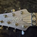 Hlava elektrické kytary v matné šedé barvě s šesti ladicími kolíky. Na povrchu je bílý nápis CHAPMAN GUITARS a vedle něj stylizovaný podpis. Povrch v…