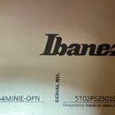 Fotografie detailu štítku s informacemi o nástroji. Je zde uveden nápis Ibanez Acoustic a model V44MINIE-OPN. Sériové číslo je 5T02PS250100761 a v do…
