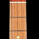 Fotografie zachycuje hmatník a hlavu elektrické kytary. Světle zelená hlava nese nápisy „Fender STRATOCASTER“ a „ORIGINAL Contour Body“ a „WITH SYNCH…