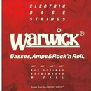 Červené balení strun pro elektrickou basovou kytaru s bílým logem Warwick. Na obalu je text ELECTRIC BASS STRINGS a slogan Basses,Amps&Rock'n Roll. D…