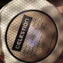 Fotografie zachicuje zadní stranu reproduktoru s krémovým magnetem. Na středovém štítku je černý nápis CELESTION a specifikace: Model G12 H, Power ca…
