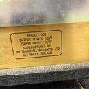 Detail štítku na zadní straně kytarového zesilovače. Zlatý kovový štítek s černým textem nese nápisy: MODEL 2204, OUTPUT POWER 50W, POWER INPUT 175W,…