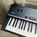 Černý digitální klavír s bílými a černými klávesami. Na horní části je viditelné logo YAMAHA a nápis MASTER VOLUME u ovládacího knoflíka. Dále jsou v…