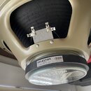 Fotografie zachycuje zadní část reproduktoru s béžovým kovovým rámem a černou membránou. Na černém magnetickém těle je bílý štítek s nápisy CELESTION…