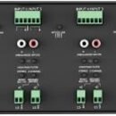 Zadní strana černého elektronického zařízení s nápisem APART Audio PA4250 POWERED PROFESSIONAL AMPLIFIER. Jsou zde čtyři sady vstupů a výstupů, obsah…