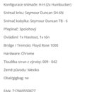Fotografie obsahuje textový seznam technických specifikací hudebního nástroje. Jsou zde uvedeny detaily jako materiál krku a hmatníku, typy snímačů S…