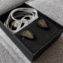 V černé krabičce s pěnovou vložkou jsou umístěny dva černý sluchátka in-ear a k nim příslušný stříbrný opletený kabel. Na sluchátkách jsou viditelné…