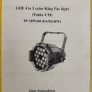 Fotografie zachycuje černobílou stránku uživatelské příručky s nápisem User Instructions. Je na ní obrázek LED par světla a text: LED 4 in 1 color Ki…