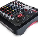 Černý mixážní pult s logem Allen & Heath a červeným nápisem RED GFX. Zařízení obsahuje několik vstupních kanálů s ovládacími knoflíky v červené, modr…