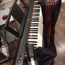 Černý digitální piano s bílými a černými klávesami. Na levé straně je viditelné logo YAMAHA a nápis P80A. K nástroji patří černý stojan, černý přepra…