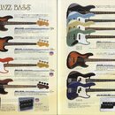 Fotografie znázorňuje dvě rozložené strany katalogu s elektrickými basovými kytarami typu Jazz Bass. Na stránkách jsou zobrazeny různé modely v barvá…