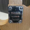 Detail krčku elektrického nástroje z přírodního dřeva s černým štítkem připevněným čtyřmi šrouby. Na štítku je bílý nápis WASHBURN®, sériové číslo 30…