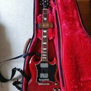 Červená elektrická kytara v otevřeném kufru s červeným vnitřkem. Na hlavě nástroje a na hnědém popruhku je nápis Gibson. Kytara má dva humbuckery, če…