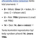 Snímek zachicuje text v prohlížeči Google na mobilním zařízení. Text vysvětluje systém kódování data značky Celestion, kde písmeno B znamená únor, U…