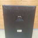 Zadní strana černého basového nebo kytarového komba s povrchem z texturovaného vinylu. Uprostřed je umístěn panel s dvěma vstupy a nápisy INPUT a THR…