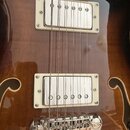 Detail těla polodublové elektrické kytary v hnědém sunburst provedení s dvěma humbuckery v krémových rámečcích. Nástroj má chromovaný kobylník a vidi…
