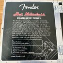 Fotografie znázorňuje černý informační štítek s bílým a červeným textem. Je na něm uvedeno logo Fender a název modelu Hot Noiseless STRATOCASTER PICK…