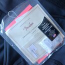 V plastovém sáčku na černém pouzdře jsou dokumenty k nástroji. Je zde vidět Certificate of Authenticity s logem Fender a číslem 0114962300, model US2…