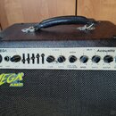 Kytarový kombozesilovač v hnědém vinylovém potahu s černou textilní maskou. Na ovládacím panelu jsou nápisy MEGATONE a Acoustic AC30R, vlevo dole je…