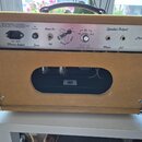 Zadní strana kytarového zesilovače v béžovém potahu. Na kovovém panelu jsou nápisy Mains Input, Fuse, Power On, Speaker Output a v pravé části text „…