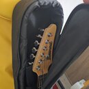 Fotografie zachycuje hlavu kytary v černém polstrováním obalu. Na dřevěné hlavě nástroje je viditelné logo Ibanez. Jsou zde vidět šest kovových ladič…