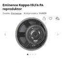 Fotografie znázorňuje černý kruhový PA reproduktor. Na středovém krytu je bílým nápisem logo EMINENCE. Reproduktor má kovový rám s otvory a je v nové…