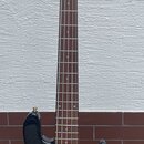Černá elektrická basová kytara s červeně vzorovaným pickguardem a hnědým hmatníkem. Na hlavě nástroje je vidět logo Epiphone a nápis MarkExpress. Nás…