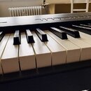 Detailní pohled na klávesnici digitálního piana s černým šasi. Bílé klávesy mají texturovaný povrch imitující slonovinu, černé klávesy jsou hladké. V…
