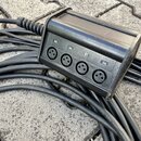 Černý plastový rozdělovač kabelů s čtyřmi konektory XLR. Nad konektory jsou bílé štítky s čísly 05., 06., 07. a 08. Povrch krabice je zmatněný a vyka…