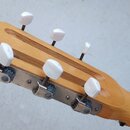 Detail hlavy akustické kytary z přírodního dřeva s šesti bílými plastovými ladičkami. Kovové mechanismy ladiček jsou připevněny k hraně hlavy pomocí…