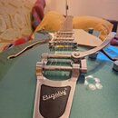 Zelená polodubová elektrická kytara s kovovým vibračním systémem. Na kovové části systému je nápis Bigsby® LICENSED. Tělo nástroje má tmavší lem a vi…