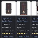 Snímek zachycuje screenshot z vyhledávače Google s nabídkou efektů. Jsou zde vidět dvě černá ladicí pedály s červeným LED displejem a nápisy JOYO a B…