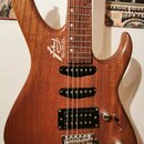 Elektrická kytara s hnědým dřevěným tělem a hnedým hmatníkem. Na těle je bílý nápis „Ivy“ a pod ním text „Maple-T Grain Wood / Made for Custom Aquati…