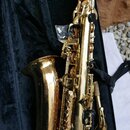Zlatý saxofon v černém polstrovaném kufru. Nástroj je vybaven černými podložkami na klapkách a má přiložený munční dutník. Na těle nástroje nejsou žá…