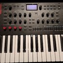 Černý digitální syntetizátor s klávesnicí. Na panelu jsou vidět nápisy KORG a modwave mkII DIGITAL SYNTHESIZER. Přístroj obsahuje červený dotykový pa…